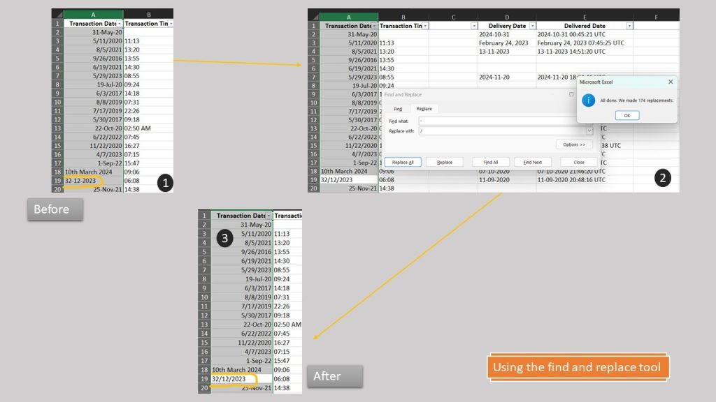 Using the find and replace tool to find the inconsistent date