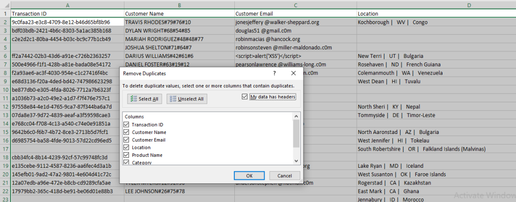 removing duplicate from excel data